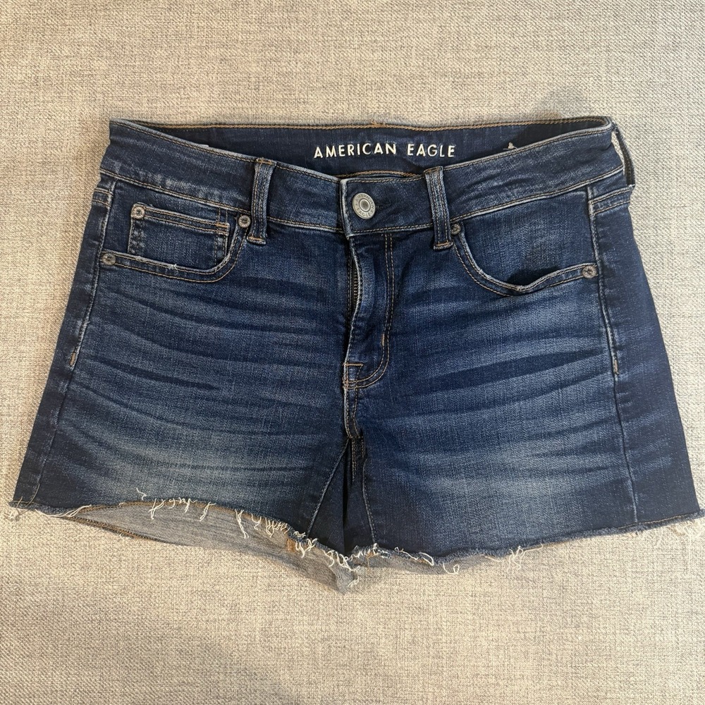 American Eagle Shortie Denim Shorts Womens 6 Dark Wash Low Rise Raw Hem